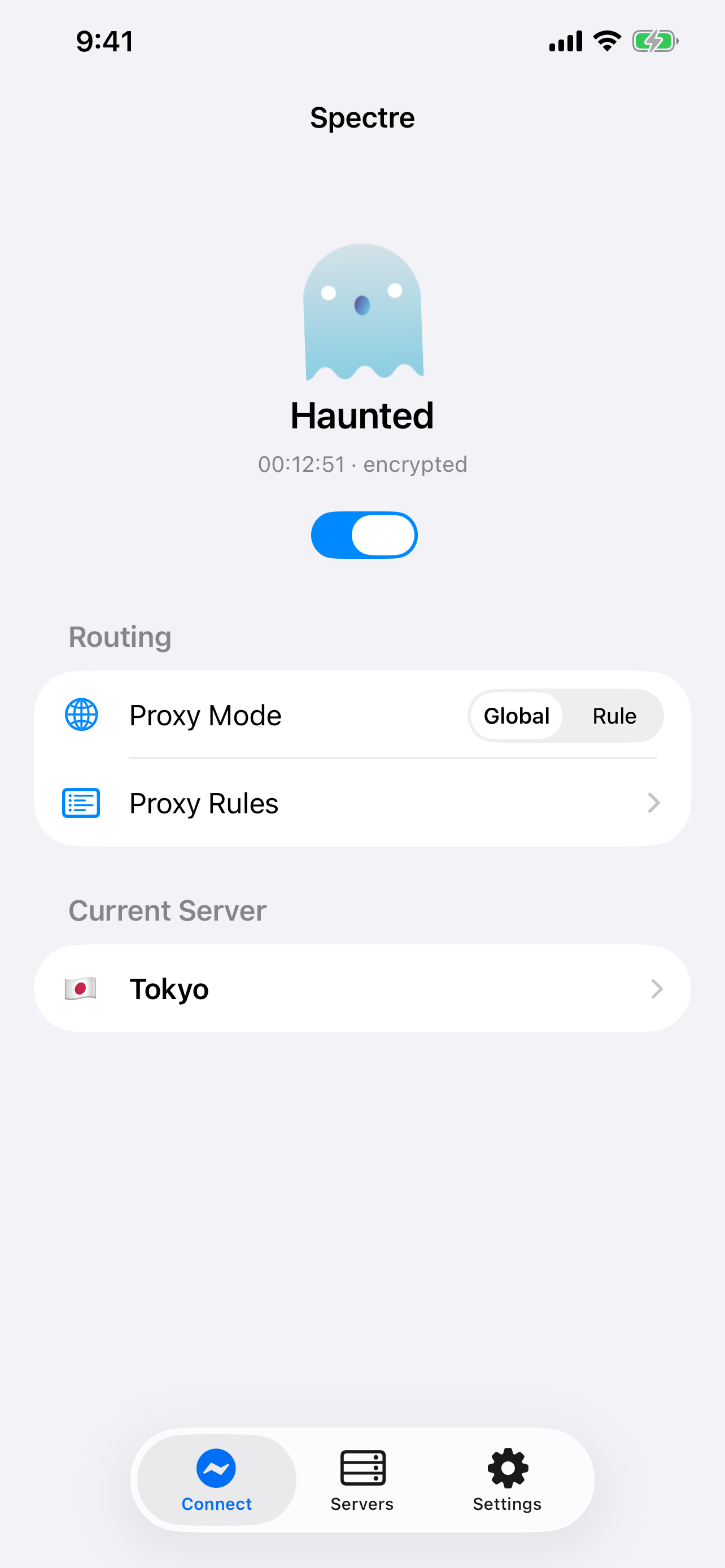 Spectre VPN connection screen showing routing controls and a selected Tokyo server